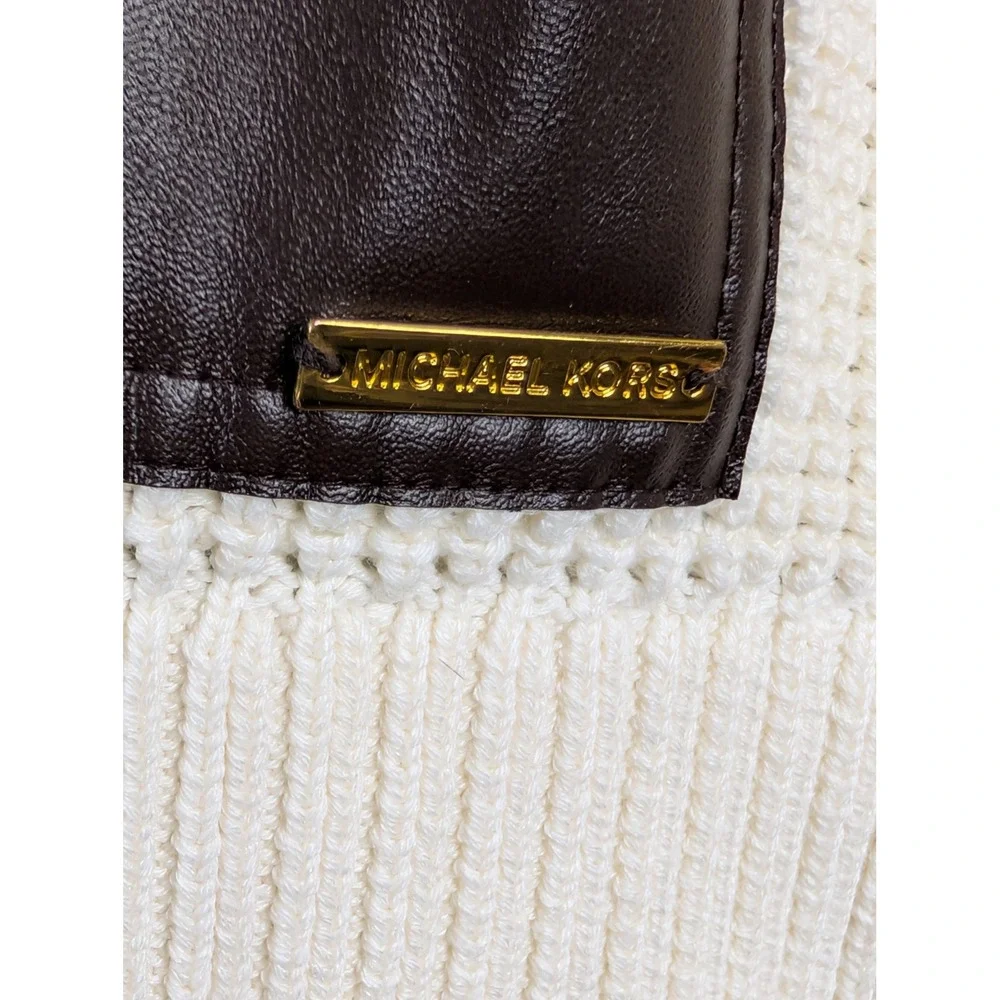 Michael‎ Kors Womens Cream Knit Cowl Neck Sweater Leather Pocket Pullover Chunky